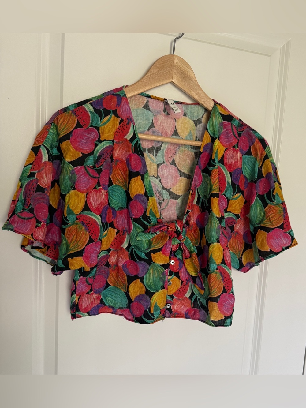 Zara TRF Linen Blend Fruit Print Tie Front Crop Top Small Y2K